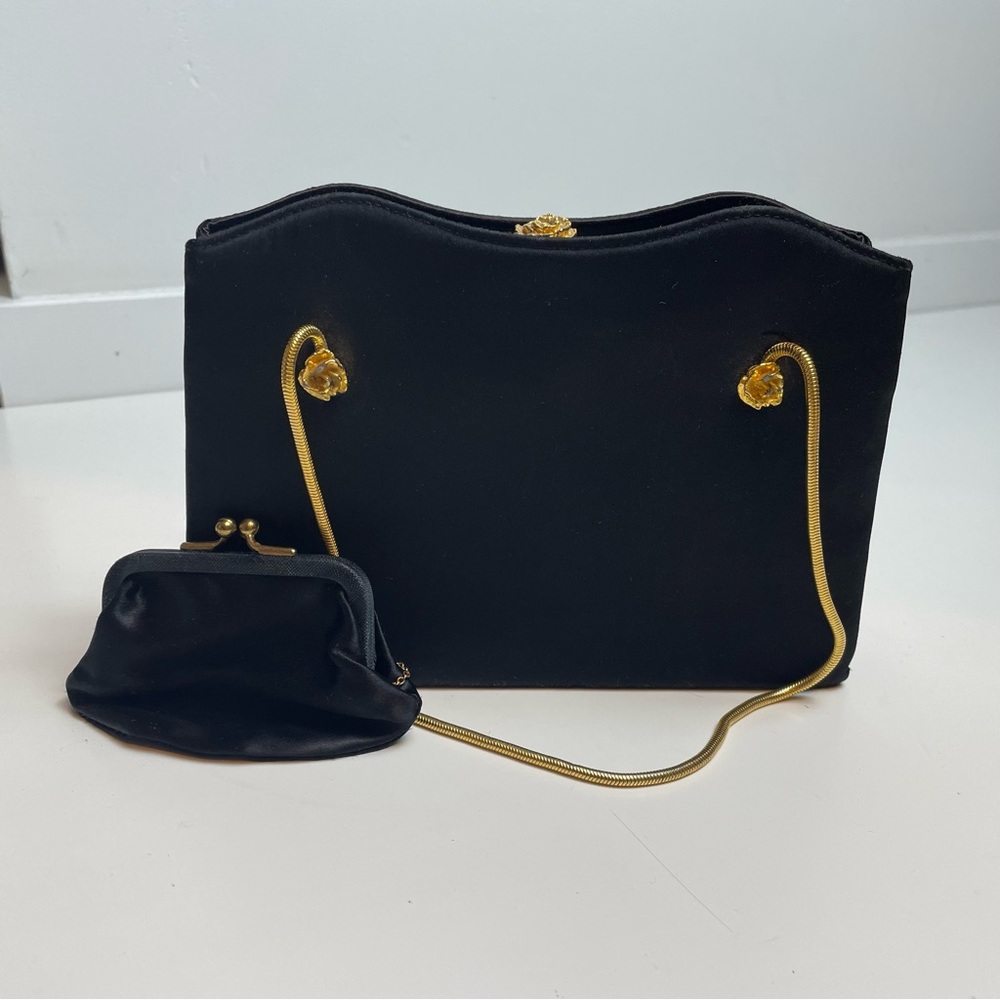 VINTAGE AFTER FIVE BY LAND M BLACK EVENING BAG PURSE Black Satin